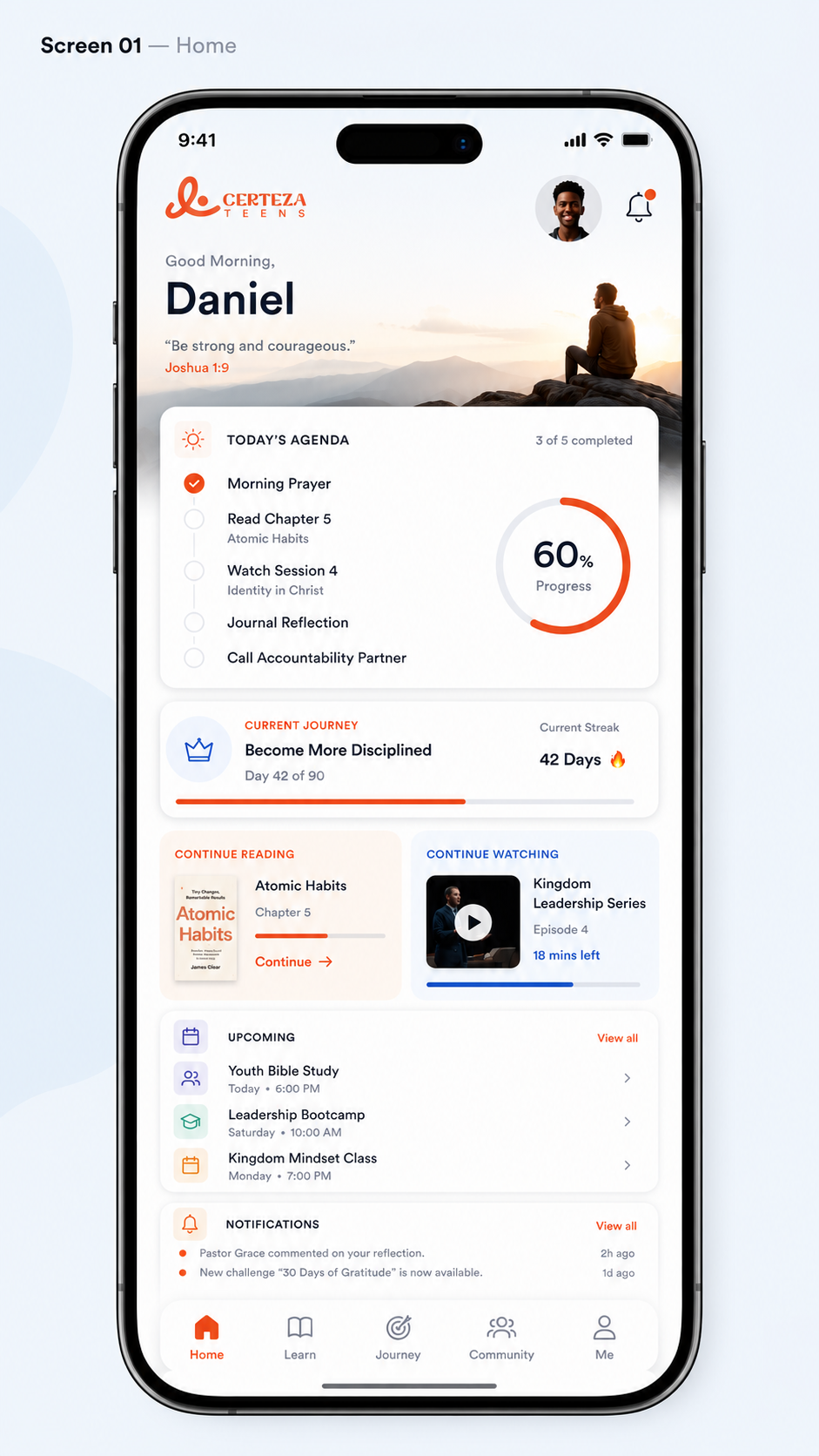 Home screen showing today's agenda, journey progress, and continue reading