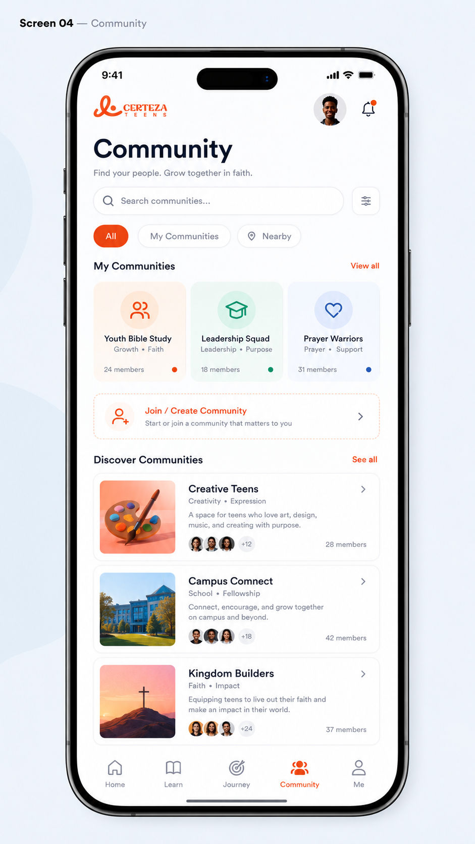Community screen with groups and discovery