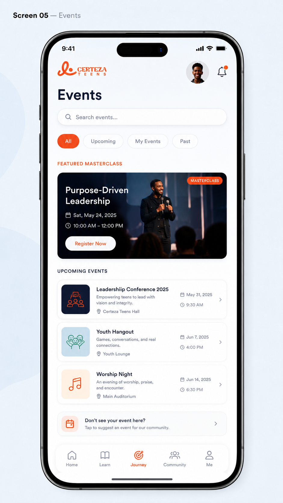 Events screen with masterclass and upcoming gatherings